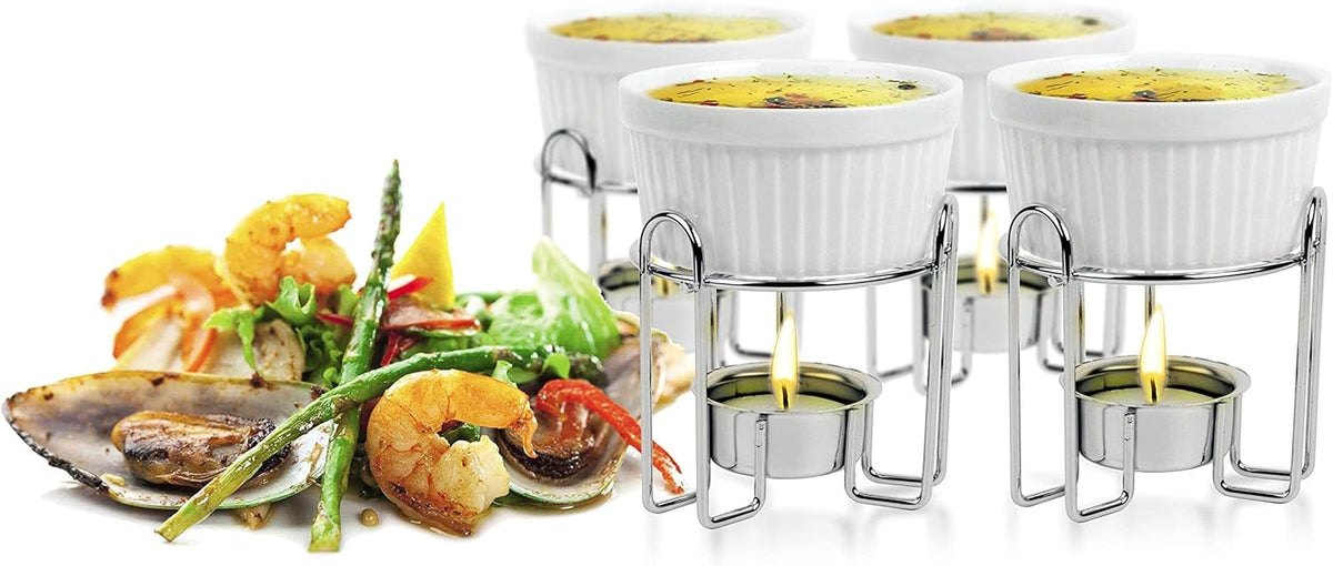 Artestia Butter Warmers Set, 4-Piece Ceramic Butter Warmer with Tea Light Candles, Crab Boil Party Supplies - Dishwasher, Microwave, Oven Safe (White)