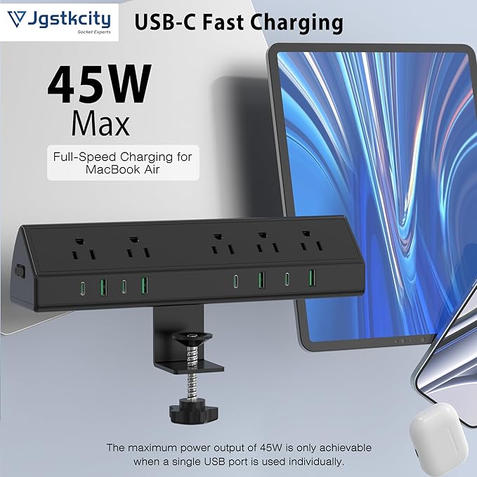 45W Fast Charging Station,Desk Clamp Power Strip,4 PD USB-C Ports,5 AC Outlets,Surge Protector Power Strip, 14AWG Heavy Duty Cord, Fits 1.9" Tabletop Edge (Black, 15 FT Cable)