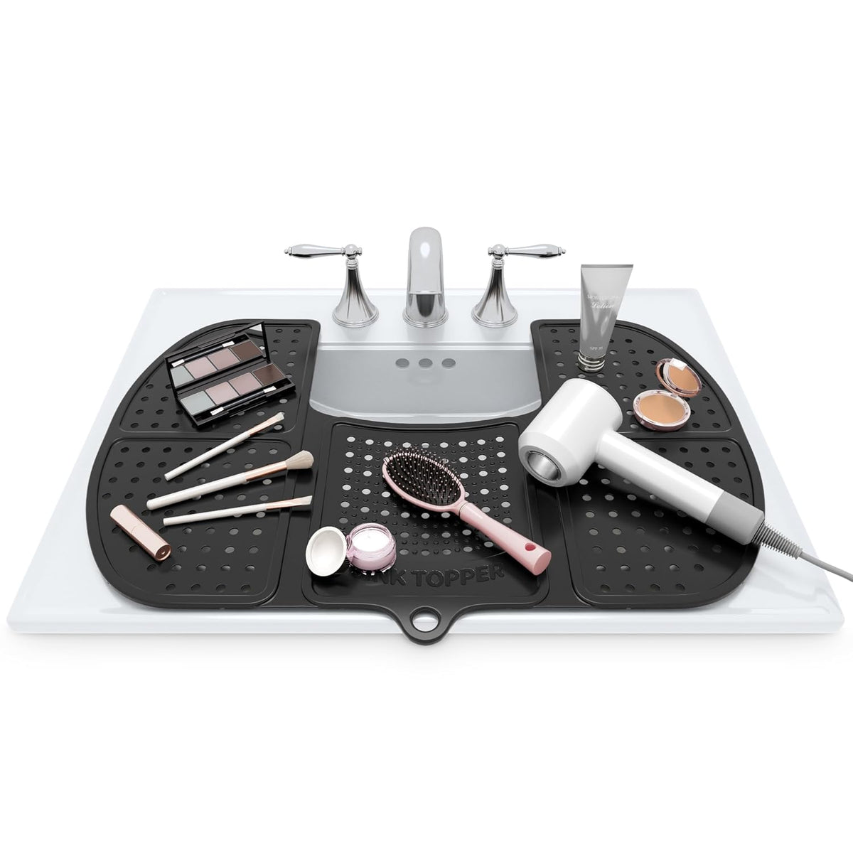Sink Topper Bathroom Counter Cover & Storage Saver, Foldable Silicone Mat for Hot Tools, Hair Styling & Makeup, Beauty Brush Cleaning Mat, RV Camper Sink Cover & for Small Spaces (Large Black)