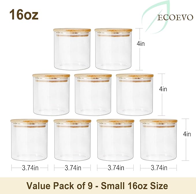 Glass Jars with Bamboo Lids (16oz in 9 Pack), Food Jars and Canisters Sets with lids, Food Storage Jars with Airtight Lids, Glass Pantry Jars