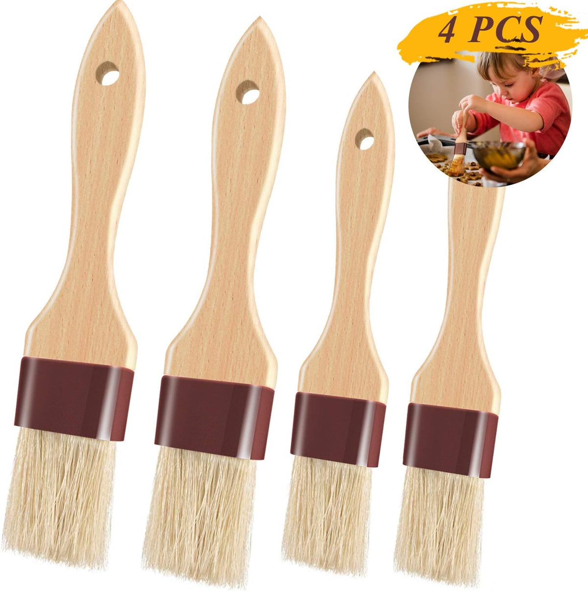Pastry Brushes for Baking Basting Brush with Boar Bristles and Beech Hardwood Handles Culinary Oil Brush for Barbecue Butter Grill BBQ Sauce Baster Marinade Kitchen Food Cooking Brushes (1/1.5-4PCS)