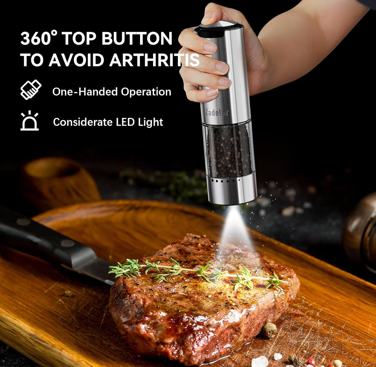 Electric Rechargeable Salt and Pepper Grinder Set,Automatic Pepper Mill Grinder with USB C Charging Dock,Upgraded 95ml Large Capacity,Adjustable Coarseness,LED Light,Stainless Steel