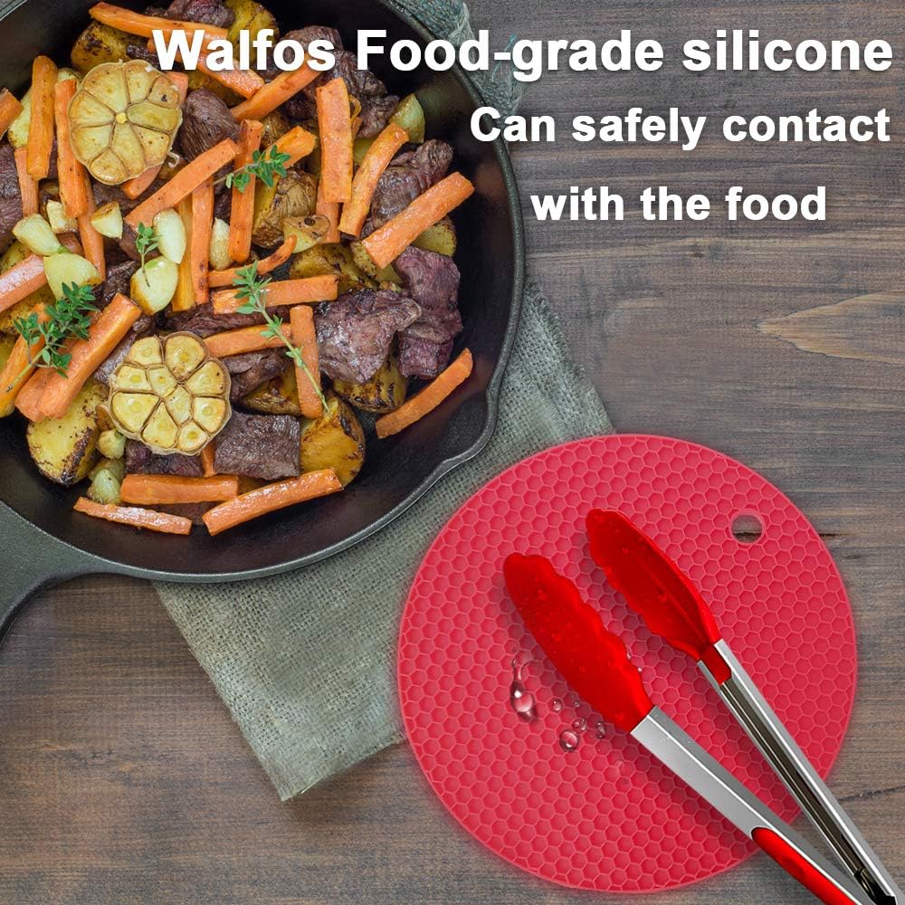 Walfos Silicone Trivet Mats - 4 Heat Resistant Pot Holders, Multipurpose Non-Slip Hot Pads for Kitchen Potholders, Hot Dishers, Jar Opener, Spoon Holder, Food Grade and BPA Free (Red)