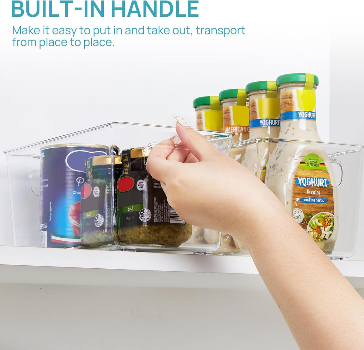 Vtopmart Clear Plastic Pantry Organizer Bins, 6 PCS Food Storage Bins with Handle for Refrigerator, Fridge, Cabinet, Kitchen, Countertops, Cupboard, Freezer Organization and Storage, BPA Free, Small