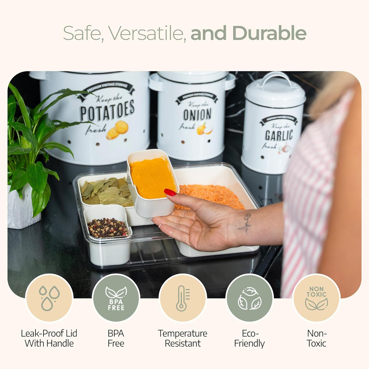 Mason & Meadow Small Snackle Box Container - Travel Snack Box Container - Snacklebox - Divided Serving Tray With Lid and Handle - Portable Snack Tray With Lid - Snackle Boxes (4 Compartments - Cream)