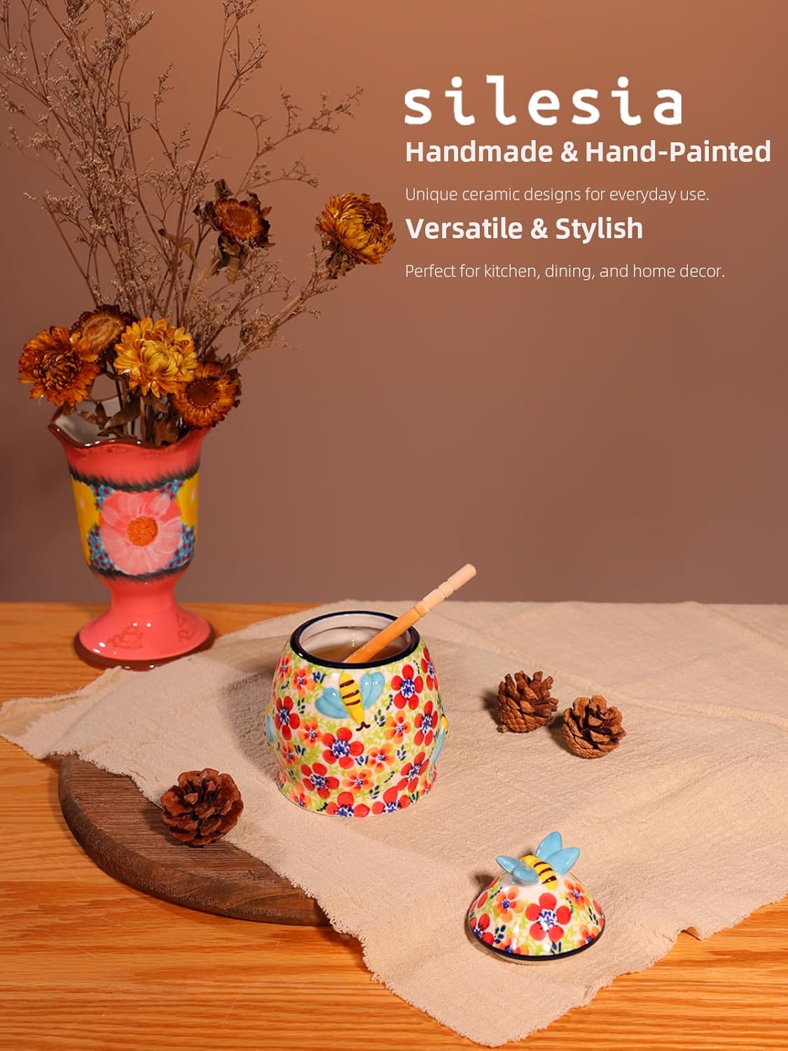 Silesia Handmade Honey Jar with Lid, 10 Ounce Ceramic Hand-Painted Honey Containers with Wooden Dipper, Honey Pot Set for Home and Kitchen in Gift Box, Oven, Dishwasher & Microwave Safe, Jungle Floral