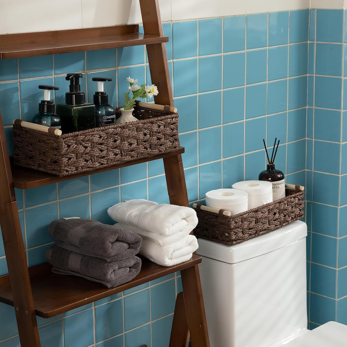 OIAHOMY Toilet Paper Baskets Handmade Paper Rope Decorative Wicker Storage Tank Shelf Cabinet Organizer for Bathroom Home, Set of 2, Brown