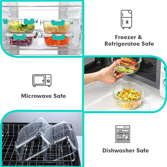 VERONES 30 Pieces Glass Meal Prep Containers Set, Stackable Glass Food Storage Containers with Lids-Airtight Glass Lunch Containers，for Microwave, Oven, Freezer & Dishwasher,Green