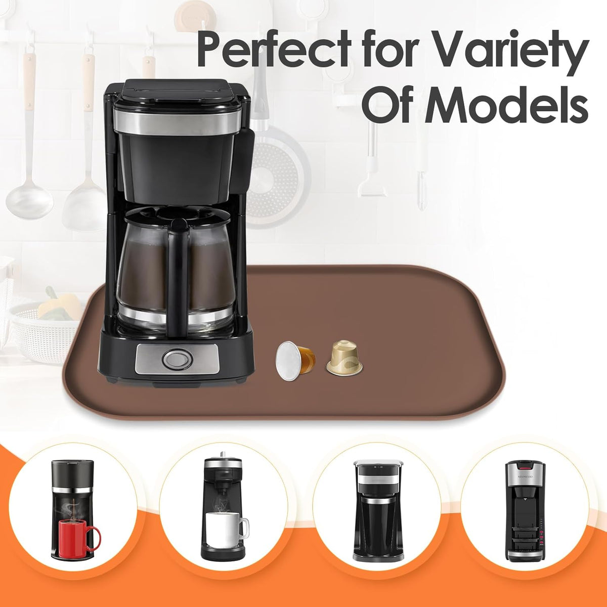 Silicone Coffee Maker Mat with Lip, 17.4'' x 10.6'' Heavy Duty Coffee Maker Mat for Countertops, Coffee Tray Fit Under Coffee Machine Appliance Automatic Machines Espresso Accessory, Brown