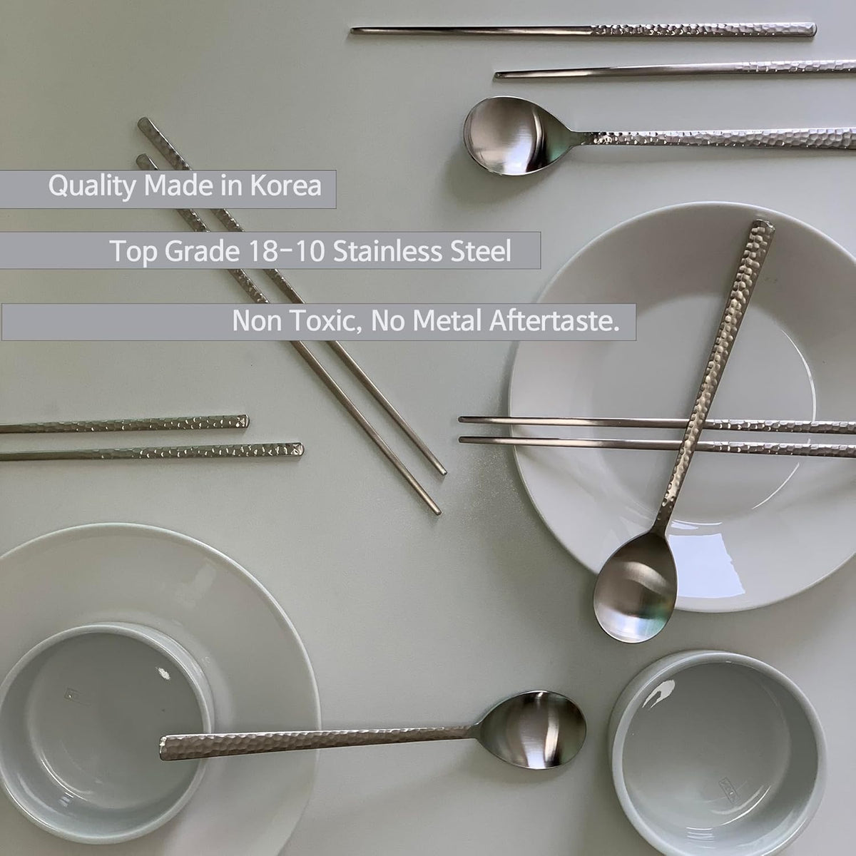 Korean Made Silver Glossy Hammered Stainless Steel Korean Spoon & Chopstick SET Stocking Stuffer Gift for Mom (2SET)