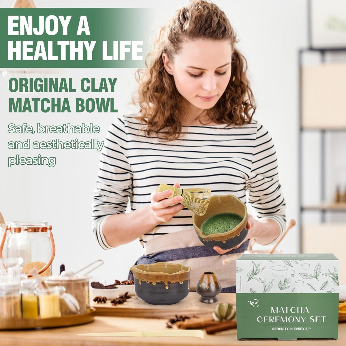 Pottery Matcha Set - Japanese Handcrafted Matcha Tea Bowl Mineral Glaze Bowl with Spout, Bamboo Whisk, Scoop & Chasen Holder | 4pc Tea Ceremony Kit for Matcha Lovers (Coffee Sand)