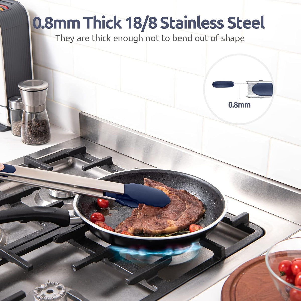 Heat Resistant Silicone Kitchen Tong: U-Taste 16 inch Extra Long Large 480ºF Hot Proof Cooking Tong with Sturdy Non Stick Rubber Tips & Non Slip Silicon Coated Steel Handle for Grill BBQ-Midnight Blue