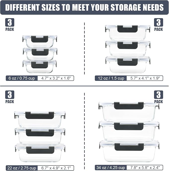 12 Pack Glass Food Storage Containers, Glass Storage Containers with Lids for Meal Prep, Lunch, Airtight, Freezer to Microwave Safe (12 Lids & 12 Containers)