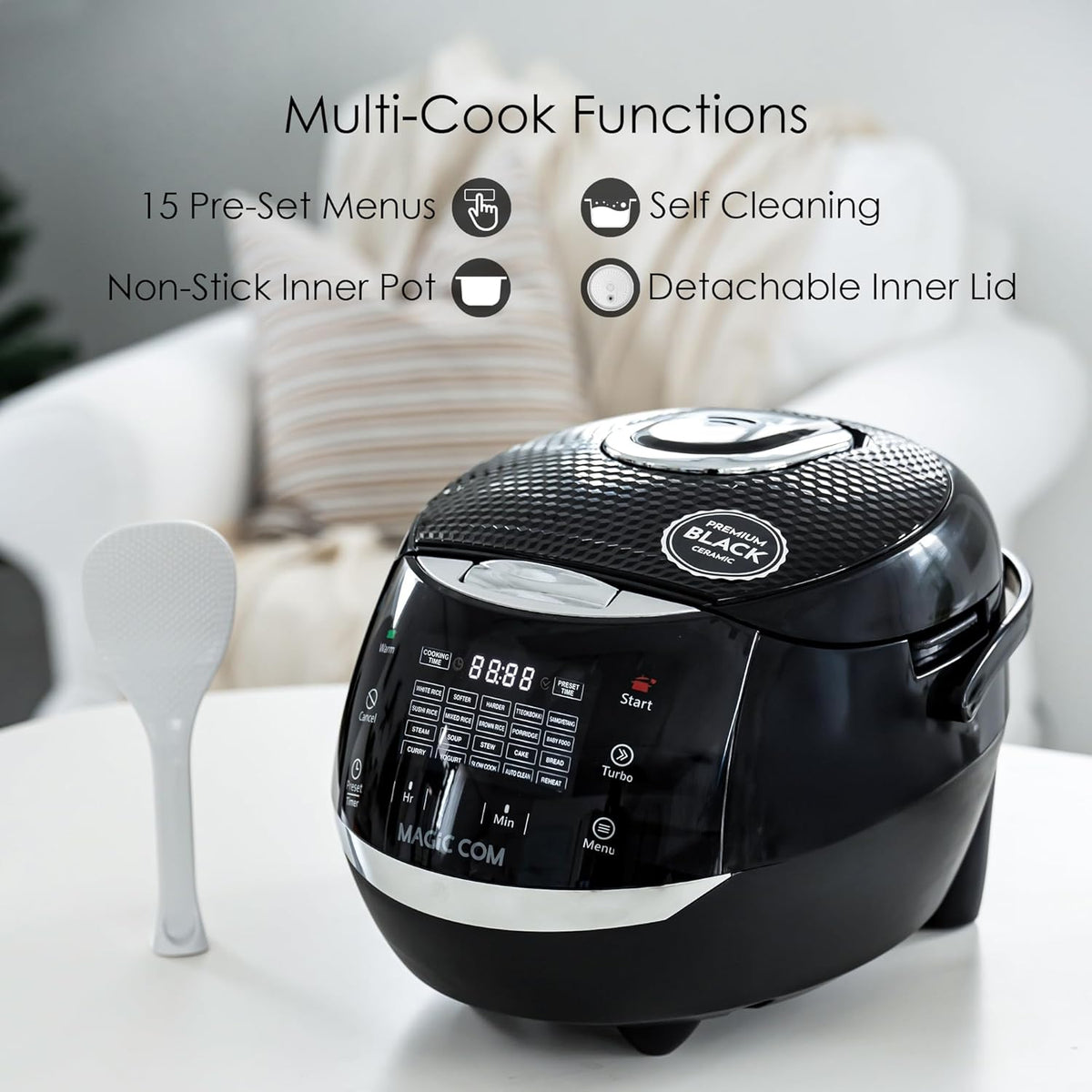 MAGiC COM Rice Cooker, 10 Cup(Uncooked) 20 Cup(Cooked) One Touch Healthy Cooking with 15 Menu Modes, Nonstick Inner Pot, Steamer Basket, Auto Clean, 24 Hour Delay Timer and Auto Keep Warm (Black)