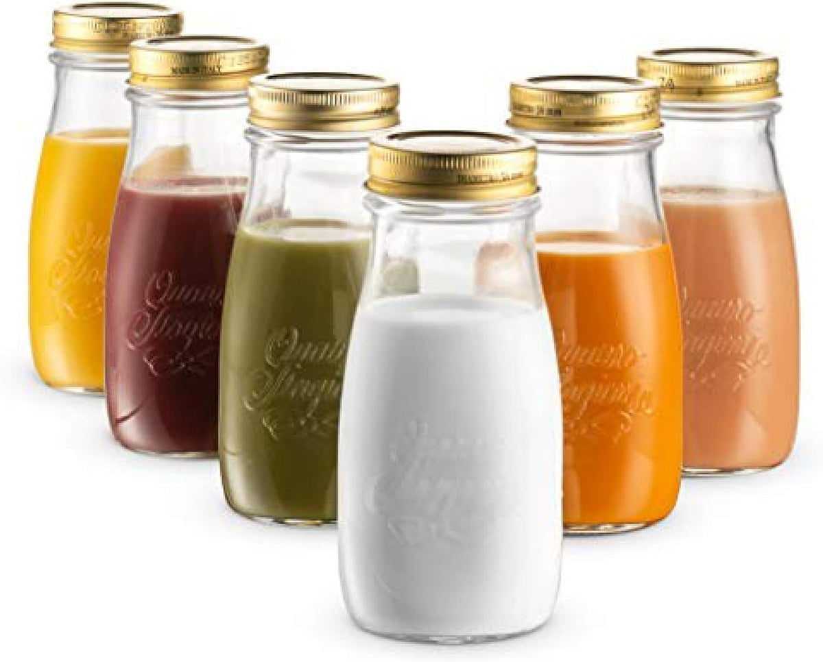 Bormioli Rocco Quattro Stagioni Bottles, Set of 6-13.5 Oz. Clear Glass with Twist Lids for Food Preserving, Beverage Serving, Homemade Gifts, Sauces & Infused Drinks - Airtight, Made in Italy