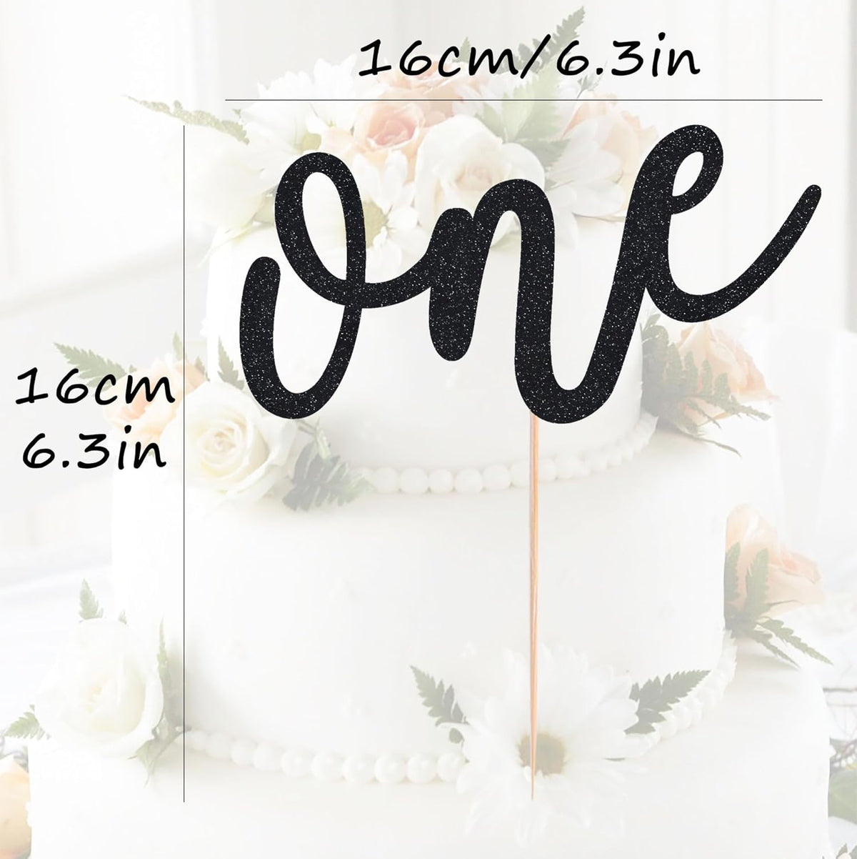 First Birthday Cake Topper - Black Glitter One Cake Decorating Supplies for Girls and Boys, Perfect for Baby Shower/Gender Revealing Party/Baby Party Photo Booth Props