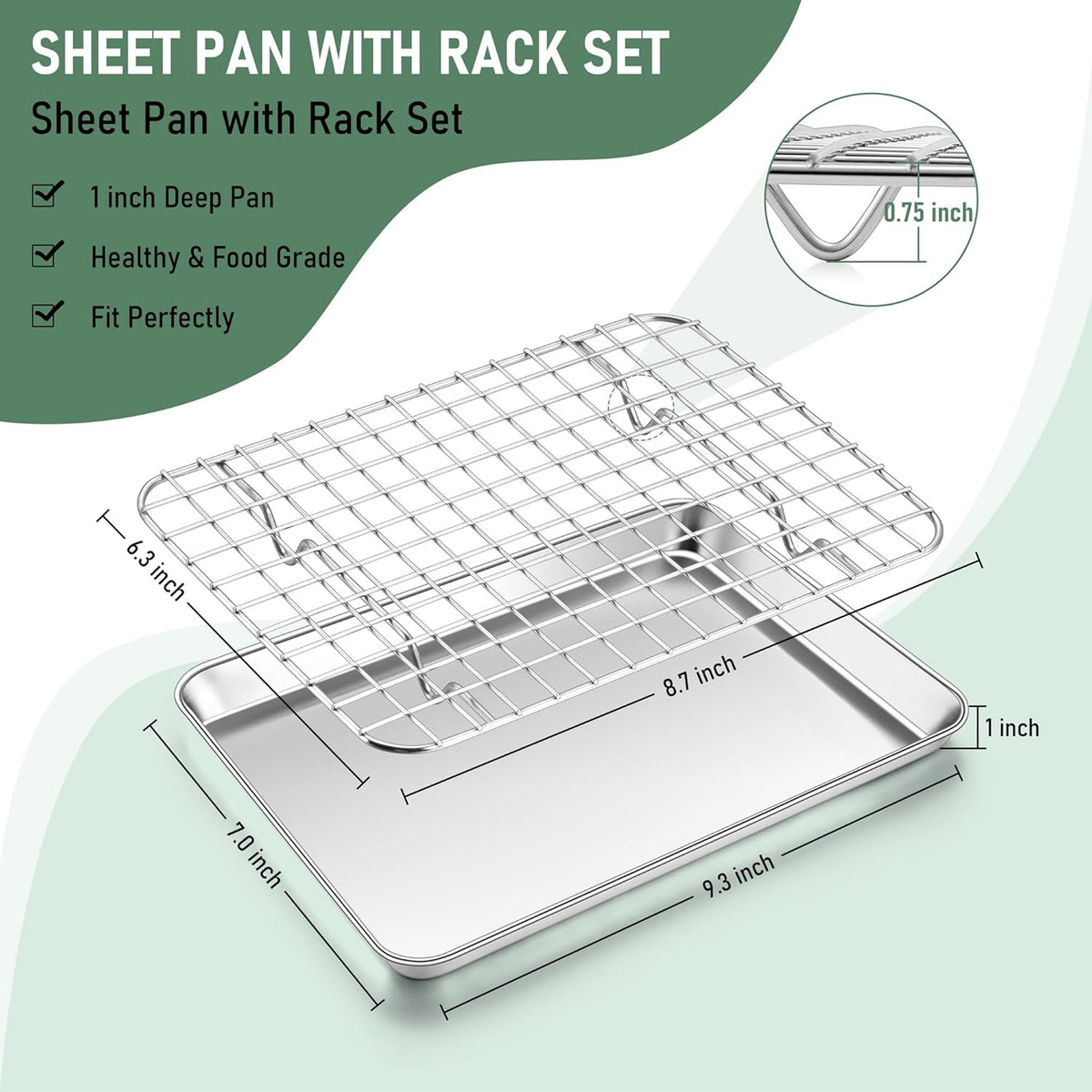 Toaster Oven Pan with Rack Set (2 Small Baking Sheets+2 Grill Racks), 9 x 7 Inch Stainless Steel Small Cookie Sheets Bacon Tray with Grid Cooling Racks for Baking Roasting Grilling, Dishwasher Safe