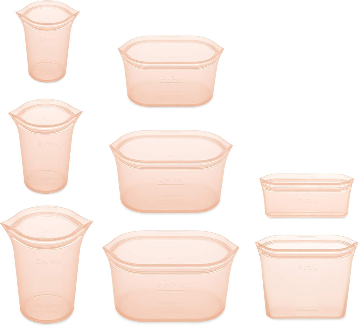 Zip Top Reusable Food Storage Bags | Full Set of 8 [Peach] | Silicone Meal Prep Container | Microwave, Dishwasher and Freezer Safe | Made in the USA