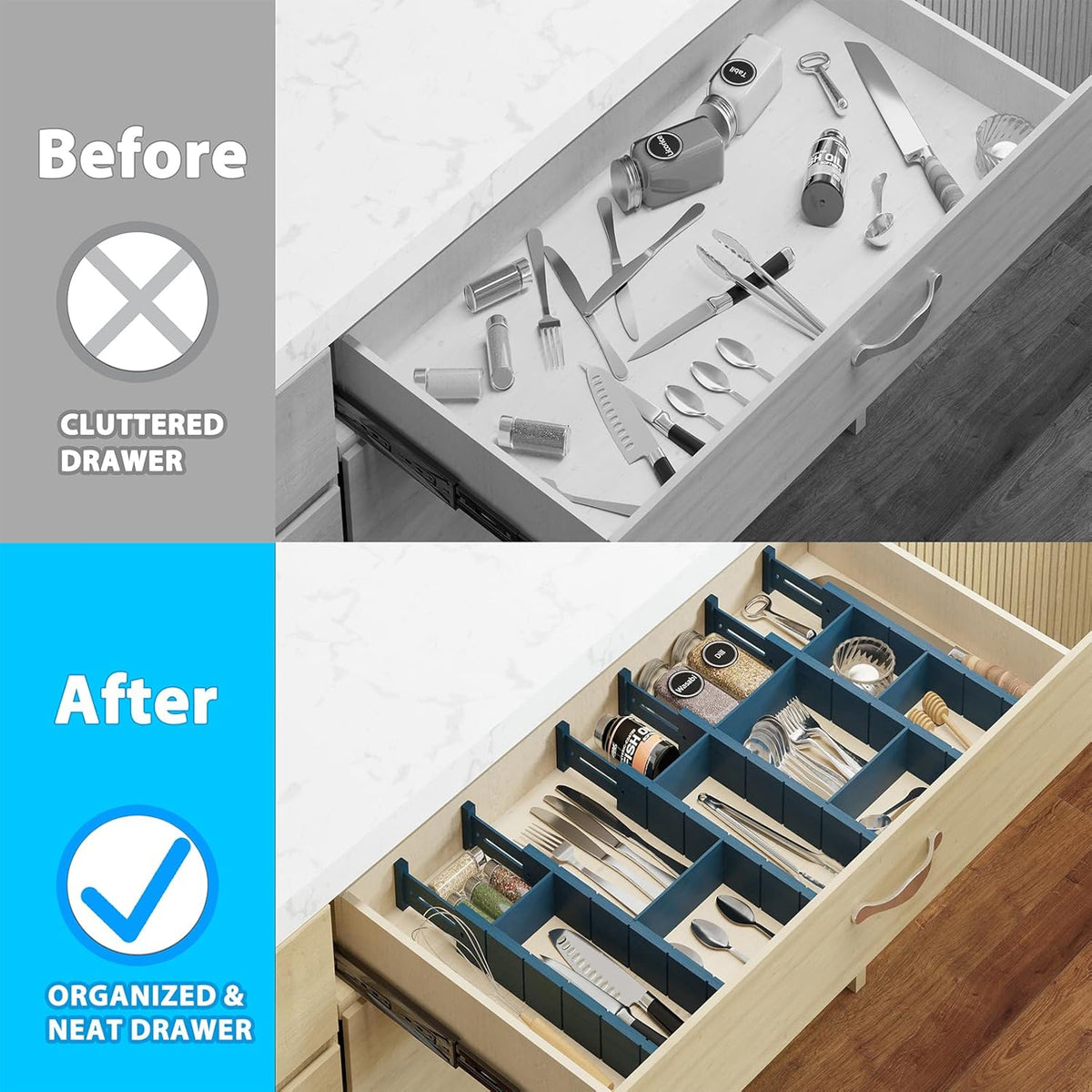 6 Pack Bamboo Drawer Dividers with 12 Inserts, Expandable Adjustable Clothes Drawer Organizers and Storage from 17" to 22" for Kitchen, Bedroom, Dresser, Cosmetics (Navy Blue)