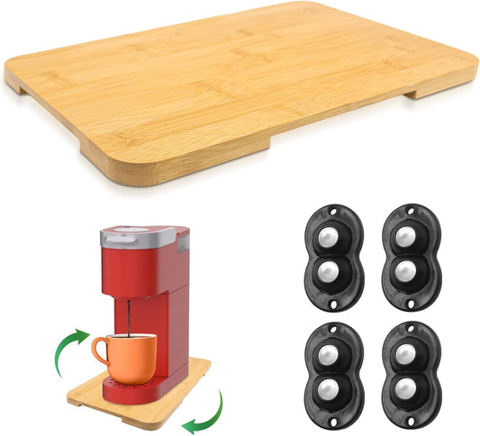 Appliance Slider 360° Rolling Tray for Coffee Maker Bamboo Coffee Pot Slider Tray Countertop Rotation Sliding Board with Wheels, Small Appliances Mat Easily from Under The Cabinet Natural(13.9"×9.4")