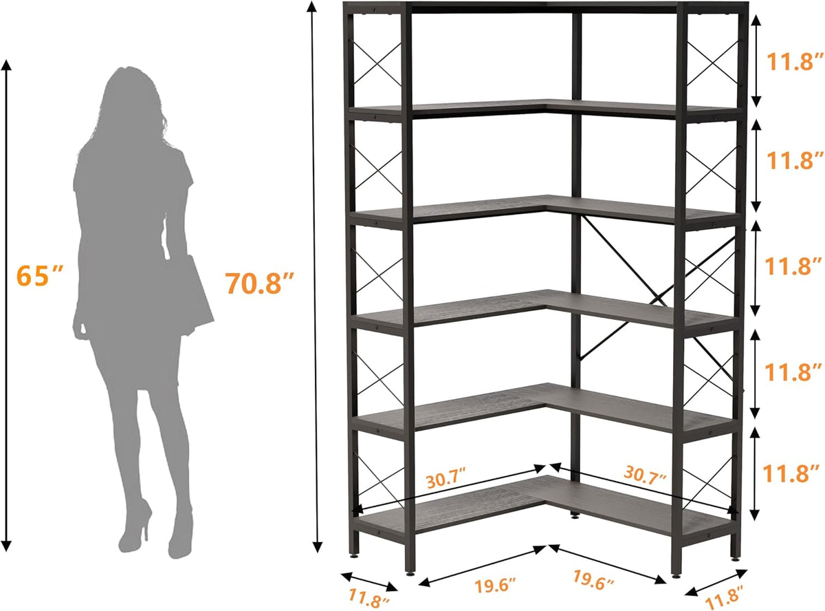 6-Shelf Corner Bookshelf, Vintage Industrial Etagere Bookcase, Large Book Shelf With Metal Frame Open Storage Cabinet (Black, Small)
