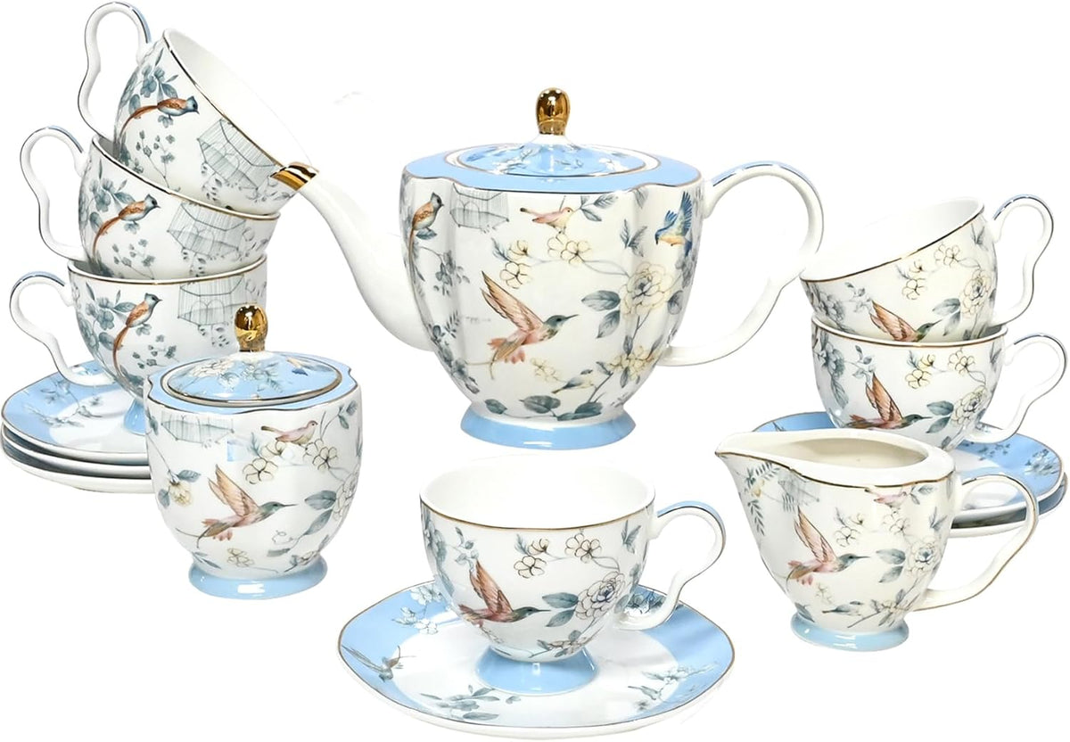 Bone China Tea Set, Porcelain Tea Sets for Adults, Blue and White Bone China Tea Cup Set for 6, Vintage Tea Sets for Women Tea Party