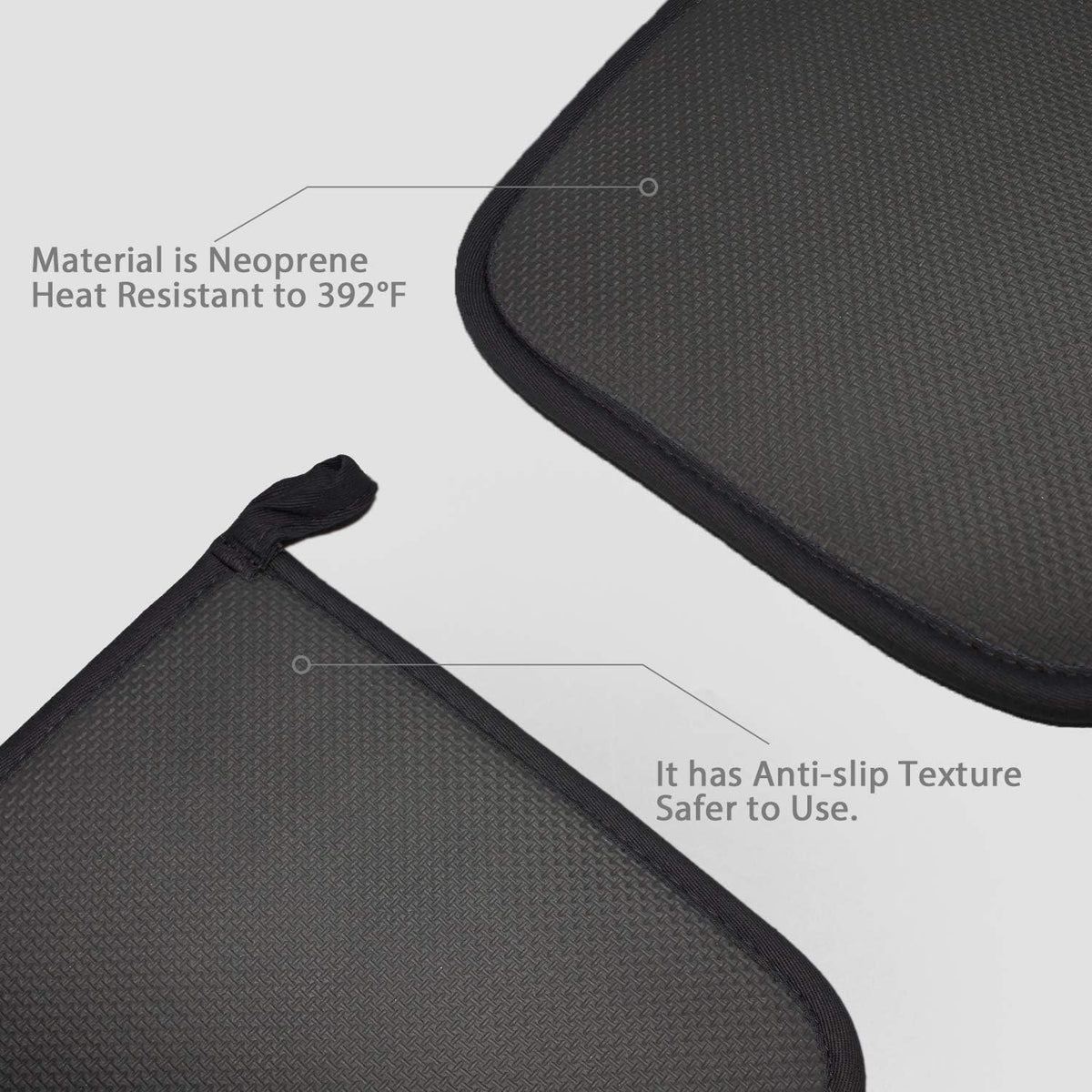 Cotton and Neoprene Oven Pads Pot Holders with Pocket 8"x8.5" Dual-Function Hot Pad Set for Finger Hand Wrist Protection Heat Resistant to 428°F Black