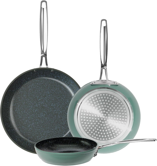Nuwave 3-Piece Fry Pan Set, 8”, 10”, 12” Forged Lightweight, G10 Healthy Duralon Blue Ceramic Ultra Non-Stick, Induction-Ready & Works on All Cooktops, Ergonomic Stay-Cool Handles