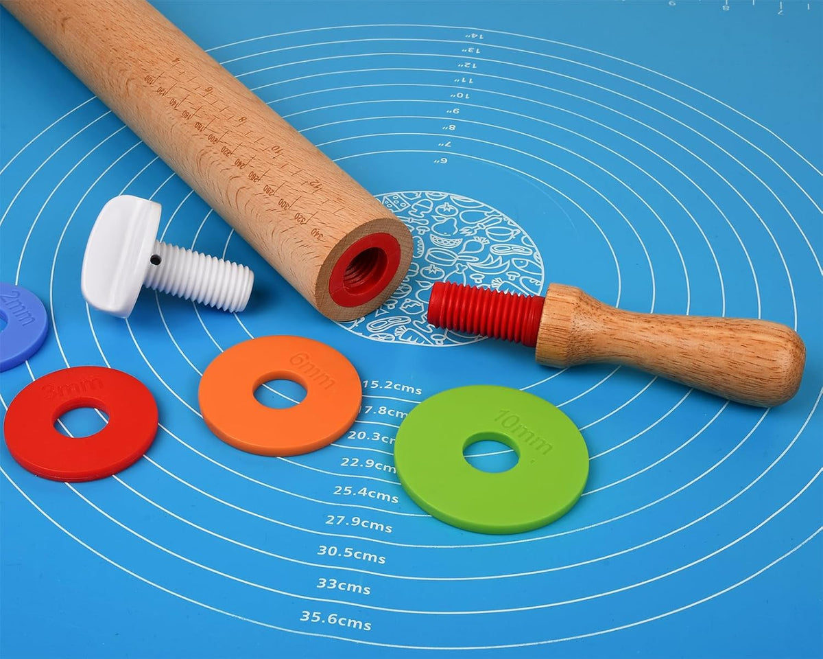 Rolling Pin with 4 Adjustable Thickness Rings and Long Handle 13.6 Inch Wooden Dough Roller for Baking, Dough, Cookie, Cake, Fondant, Pizza and Pie Crust