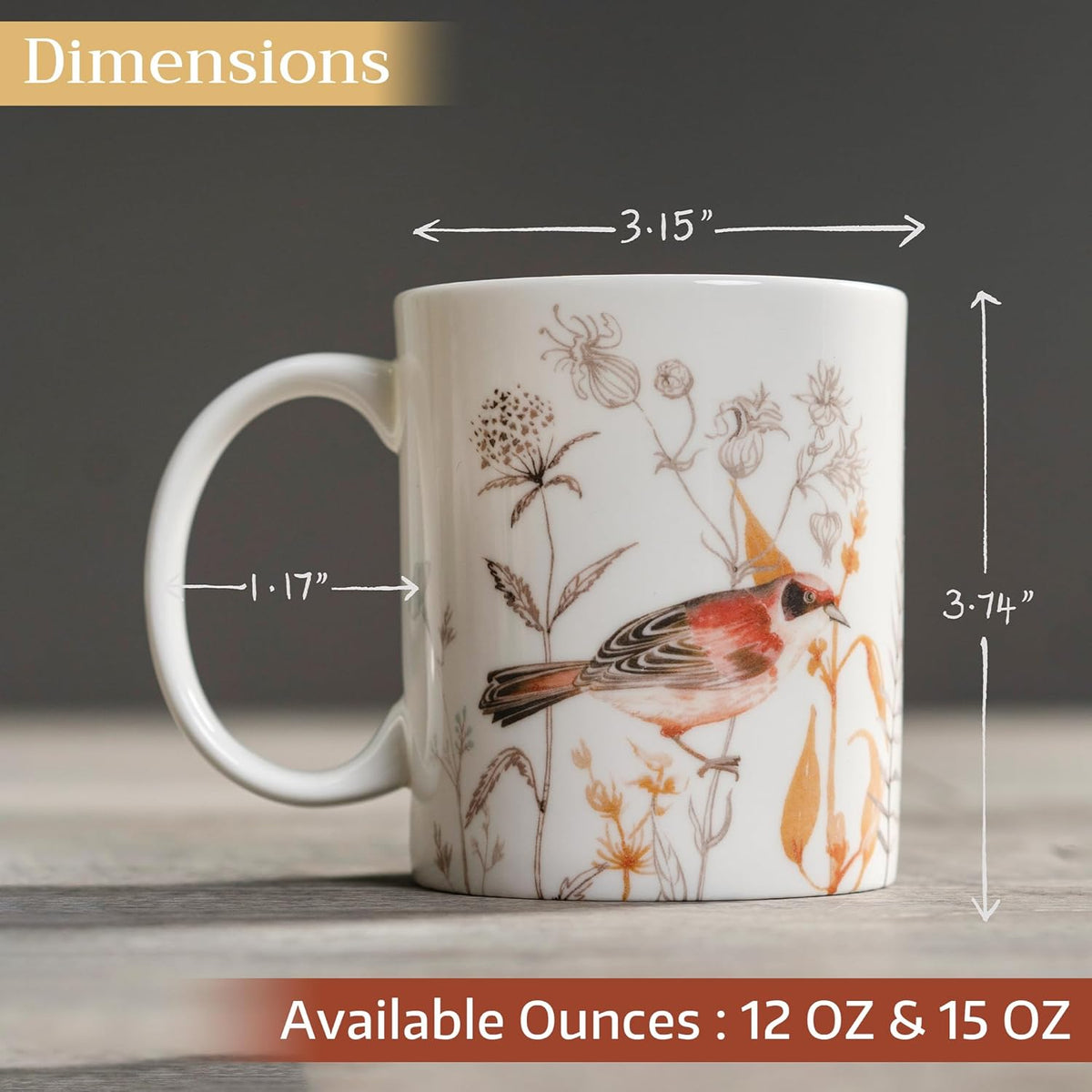 Maison d' Hermine Coffee Mug with Handles Fine Bone China Mugs Pack of One Tea Cups for Hot Beverages Cappuccino Latte Home Office Perfect for Gift (Meadow Florals - Beige Meadow Mornings, 12 Ounce)