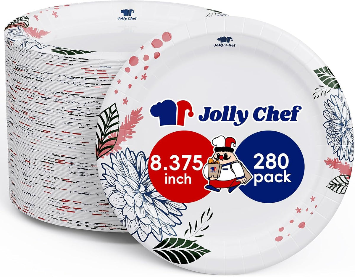 JOLLY CHEF 280 Count Paper Plates 8 inch Soak Proof, Cut Proof, Heavy Duty Flower Printed Disposable Paper Plates for Everyday Use, Thanksgiving, Christmas Day