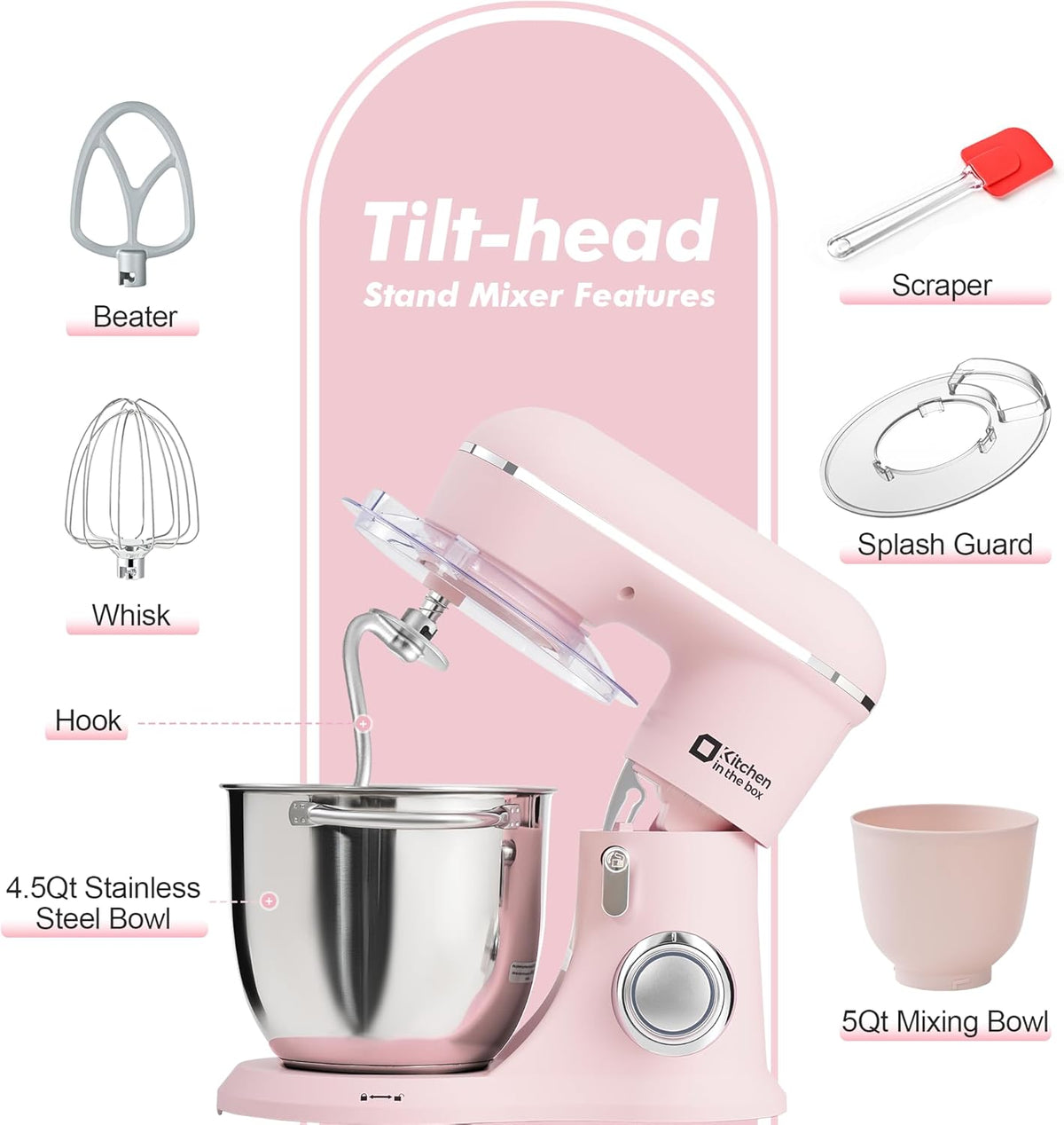Kitchen in the box Stand Mixer, 4.5QT+5QT Two bowls Electric Food Mixer, 10 Speeds 3-IN-1 Kitchen Mixer for Daily Use with Egg Whisk,Dough Hook,Flat Beater (Rose Pink, 5QT)