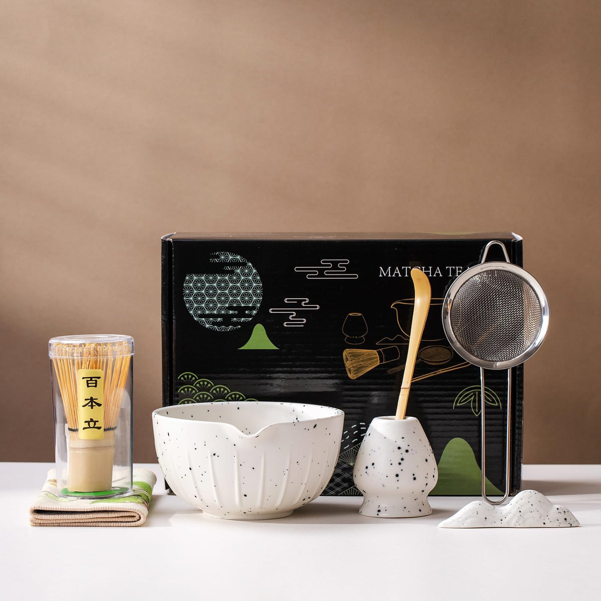 7Pcs Japanese Matcha Tea Set, Matcha Kit with Matcha Bowl (with Pouring Spout), Matcha Whisk, Whisk Holder, Strainer - Elegant Matcha Set for Gifting and Personal Use, Gift Box Packaging (white)