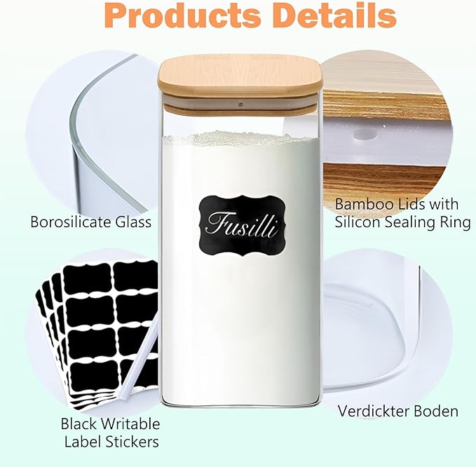 Food Storage Containers with Airtight Bamboo Lids Set of 5, Glass Canisters with Airtight Lids, Glass Food Storage Containers for Pasta, Oats, Coffee, Flour, Sugar, Best for Kitchen, Square