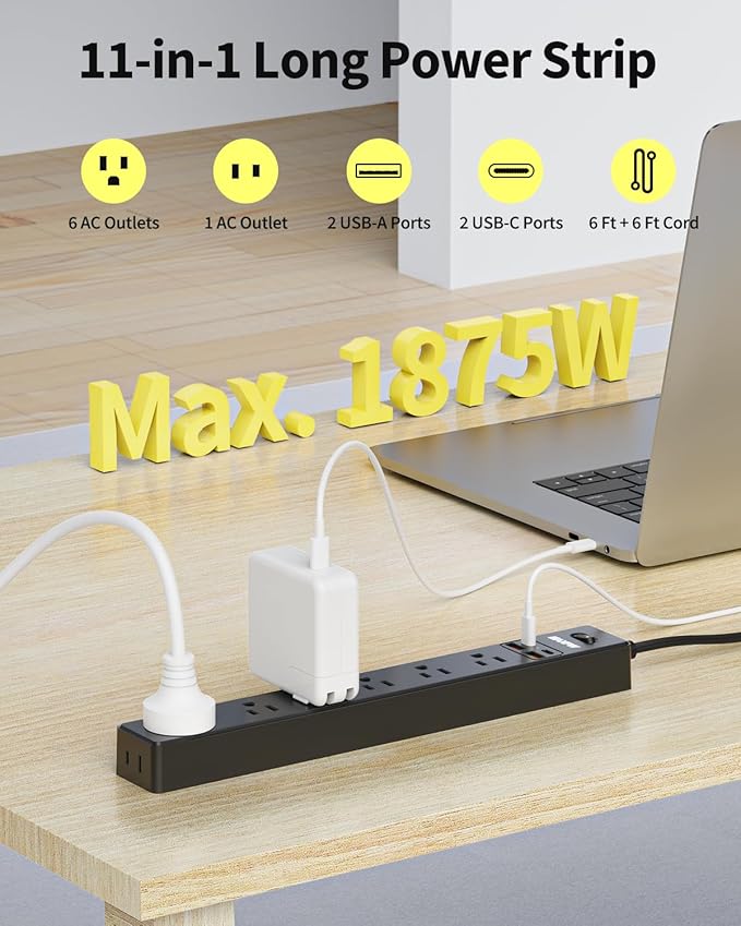 2 Pack Power Strip Surge Protector - 7 Outlets 4 USB Ports (2 USB C), 6 Ft Ultra Thin Flat Plug Extension Cord, 1875W/15A, 1700 Joules, Wall Mount for Home Office Dorm, Black