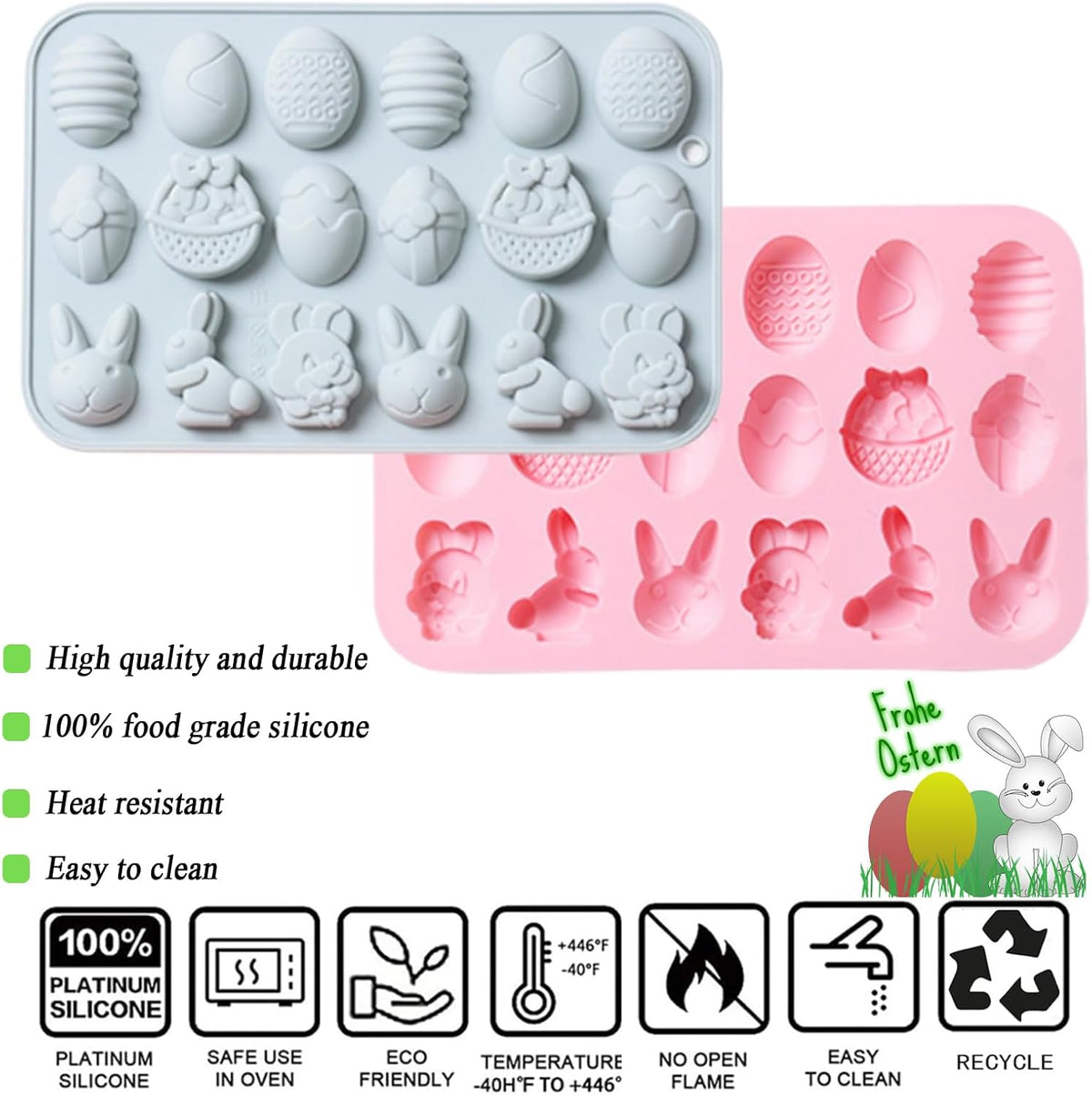 2 Pcs Easter Silicone Chocolate Molds, 18 Cavity Mini Bunny Egg Candy Molds Design for Making Jellies, Soft Candy, Ice Cubes, Wax Melts, Soaps, Resin etc Cake Decoration