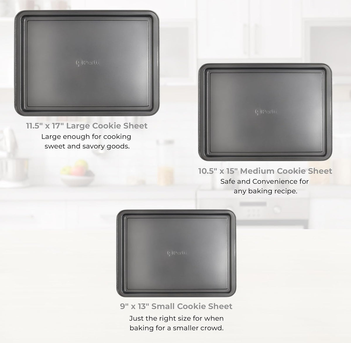 PERLLI Non-Stick 3-Piece Baking Pan Set, BPA-Free Gray Carbon Steel Bakeware Set, Stackable Kitchen Oven Set, Cookie Sheet, Baking Tray, Baking Sheet Set, Oven Safe (446°F)