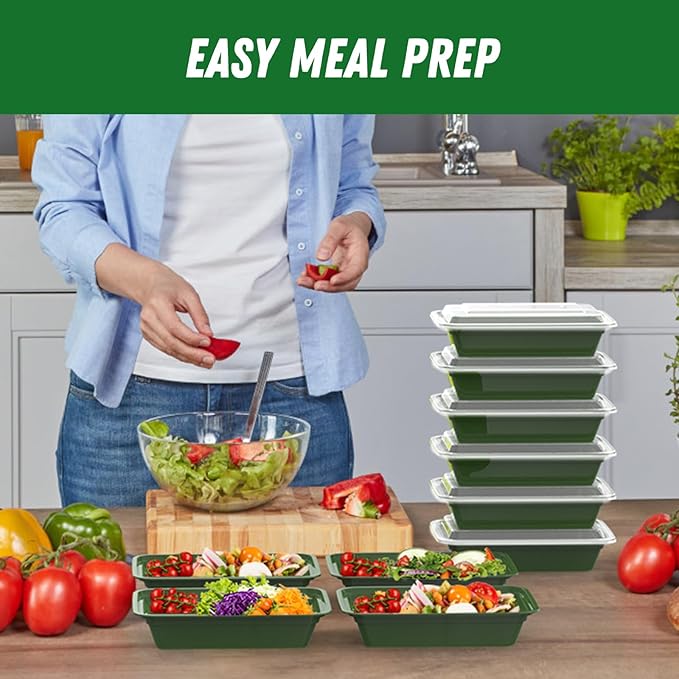 50 Pack (100-Piece) 32 oz Meal Prep Containers Reusable with Easy Open Lids, Sturdy Leakproof Food Safe, Microwave Freezer Dishwasher Safe, To Go Take Out Plastic Food Storage Pans with Lids, Green