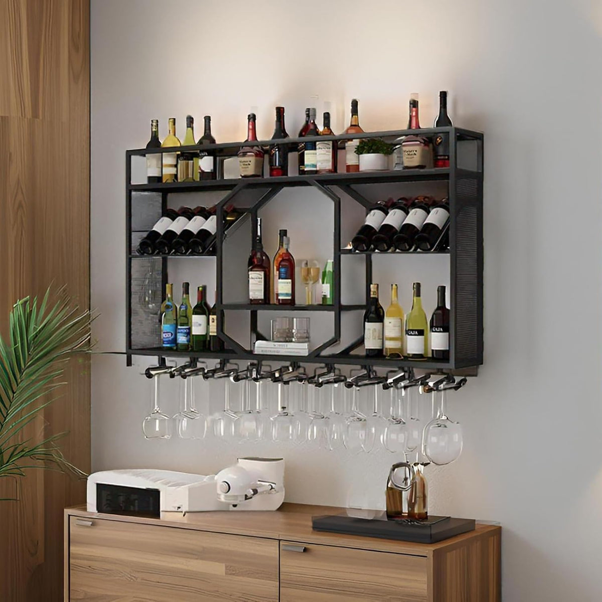 Wall Mounted Wine Rack, 3-Tiers Metal Bar Bottle Holder, Modern Wine Glass Storage Display Shelves, Wall Wine Rack for Kitchen Bar Dining Rooms Decoration ﻿(Black, 47.24in/120cm)