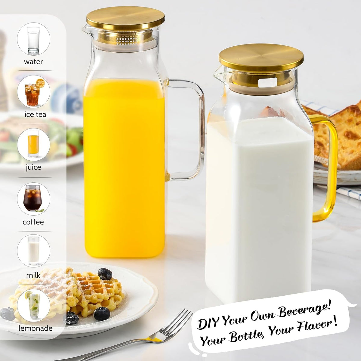 2 Pack 2 Liters/68 oz Square Glass Pitcher with Lid and Handle for Fridge, Iced Tea and Coffee Carafe Beverage Serveware, Heat Resistant Borosilicate Water Gold Jug for Hot/Cold Drinks and Milk