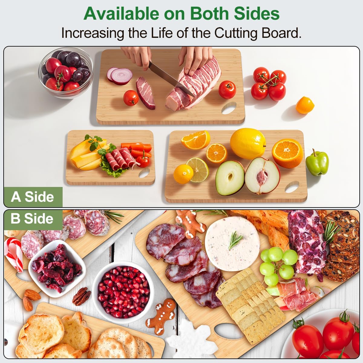 Wood Cutting Boards for Kitchen, Cutting Board Set of 3 Chopping Board for Meat/Vegetables/Cheese Knife Friendly Serving Tray with Holes
