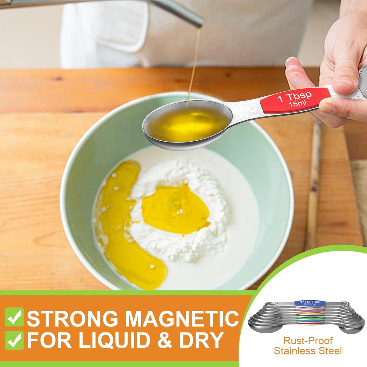 Magnetic Measuring Spoons Set - Wildone Stainless Steel Double Sided Measuring Spoons Set of 7, for Dry and Liquid Ingredients, including 6 Heavy Duty Nesting Spoons, 1 Leveler, Fits in Spice Jar