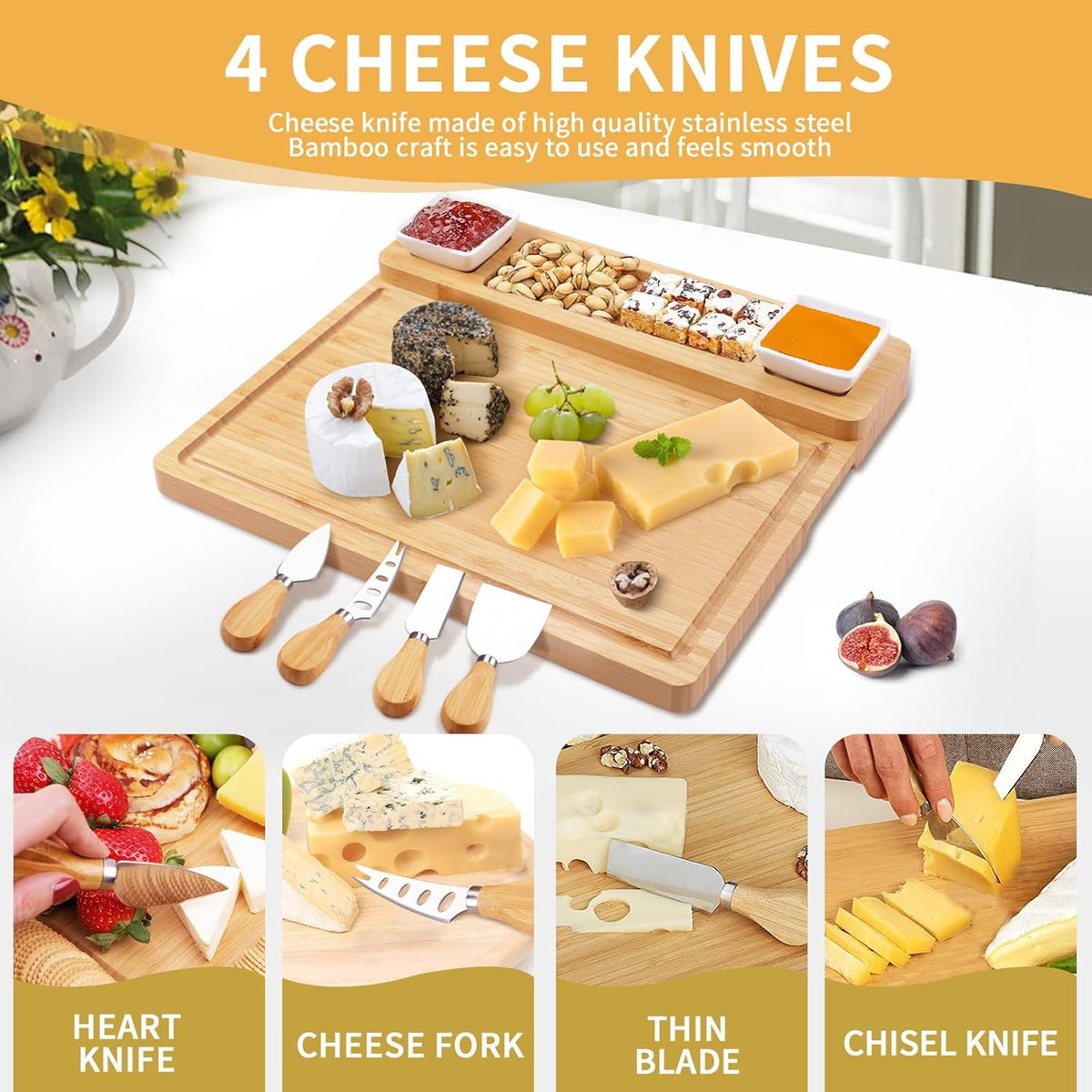Charcuterie Boards Accessories, Charcuterie Boards with Knife Set, Cheese Board Serving Tray, Gifts for Women, Housewarming Gifts for New Home, Wedding Gift for Couples 2025 (with 2 Bowl)