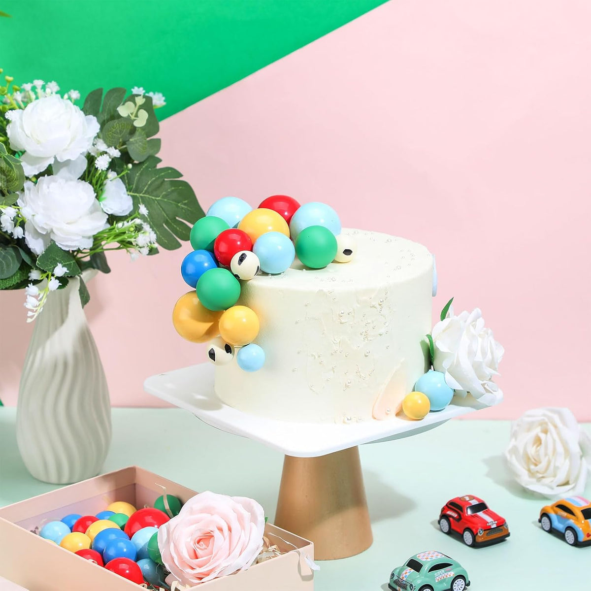 108 Pcs Balls Cake Topper DIY Cupcake Insert Foam Balloons for Cake Baking Wedding Anniversary Birthday Decoration(Green,Blue,Yellow,Red,Cow Color,Multi Sizes)