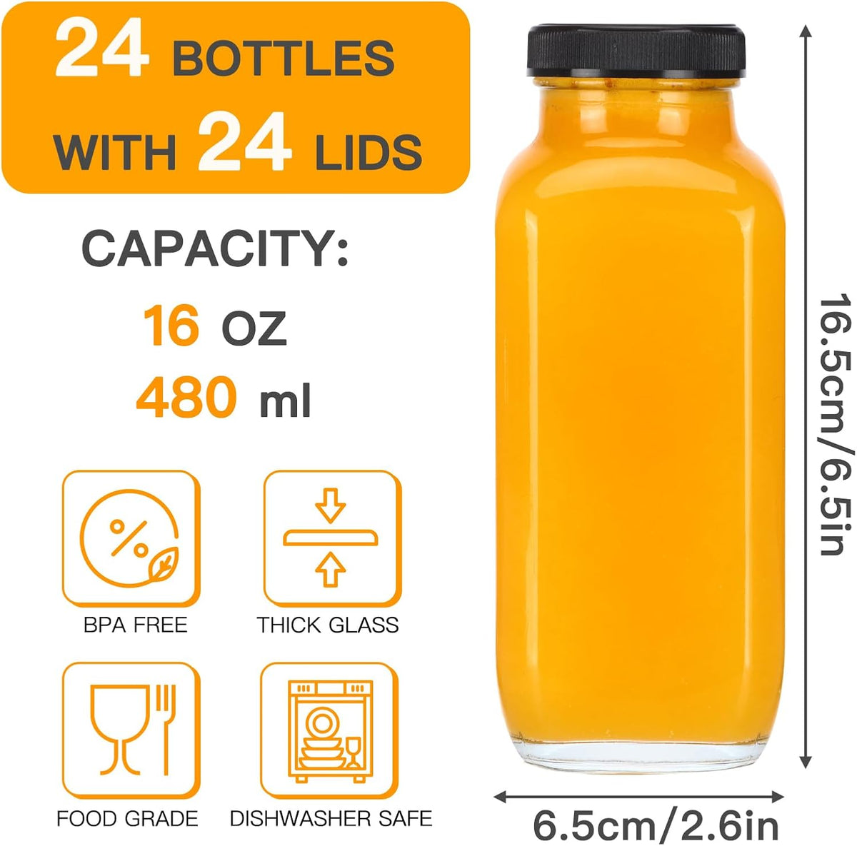 CUCUMI 24pcs 16oz Glass Juice Bottles with Lids, Reusable Vintage Glass Drinking Bottles with Blank Labels, Brush, Straws, Funnel for Storing Tea, Kombucha, Milk