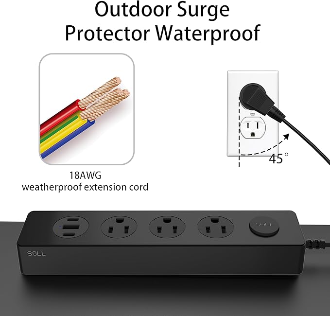 SOLL IPX9 Outdoor Power Strip Weatherproof, Surge Protector Power Strip with 3 Outlet and 3 USB Charging Ports(2 USB C), 6FT Extension Cord for Patio, Garden, Bathroom, Kitchen, Garage, Office