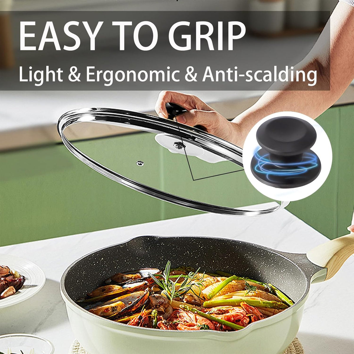 10.25 inch Tempered Glass Lid for Pots, Frying Pans and Skillets, Replacement Cover with Heat Resistant Black Knob Handle, Dishwasher Safe