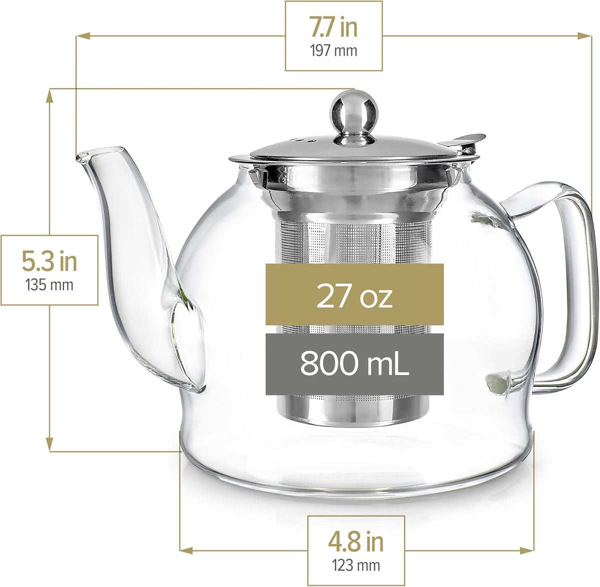 Teabloom Dublin Glass Teapot – Premium Borosilicate Glass with Removable Stainless Infuser – Stovetop Safe – Ideal for Loose Leaf Tea – Tea for Two – 27 oz. / 800 ml (2-3 Cups)