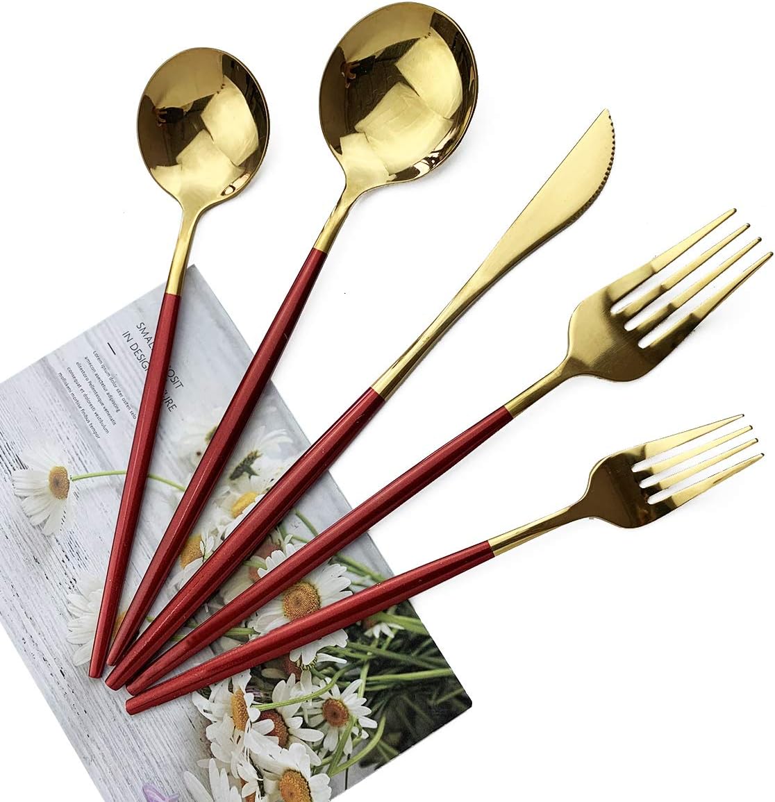 Red Gold Silverware Set, JASHII 30-Piece Stainless Steel Satin Finish Flatware Set, Kitchen Utensil Set, Mirror Polished Tableware Cutlery Set for Home and Restaurant, Dishwasher Safe