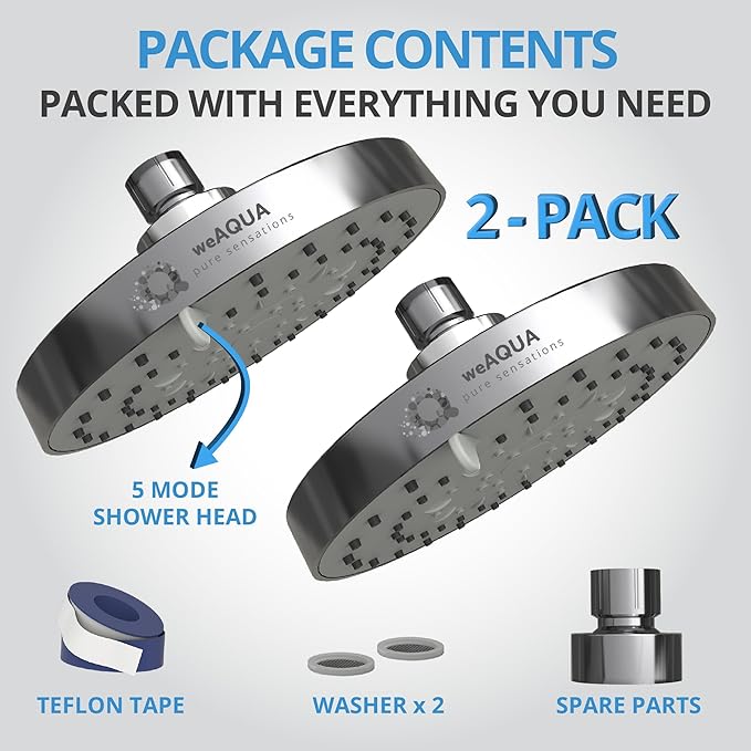 WeAQUA Shower Head High Pressure 2 PACK – 4.5 Inch, 5 Spray Settings, 72 Anti-Clog Nozzles, Easy 1-Min Installation, Fixed Shower Heads for Powerful Bathroom Upgrade (STD-SHWR-HD02)